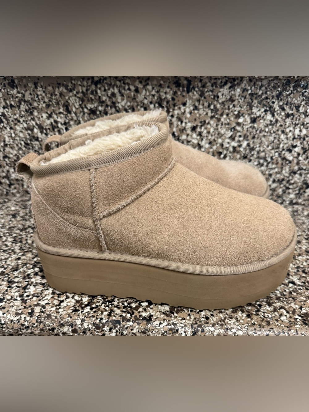 These are UGG Classic Ultra Mini Platform boots in a sand suede color size 6 - Picture 1 of 5